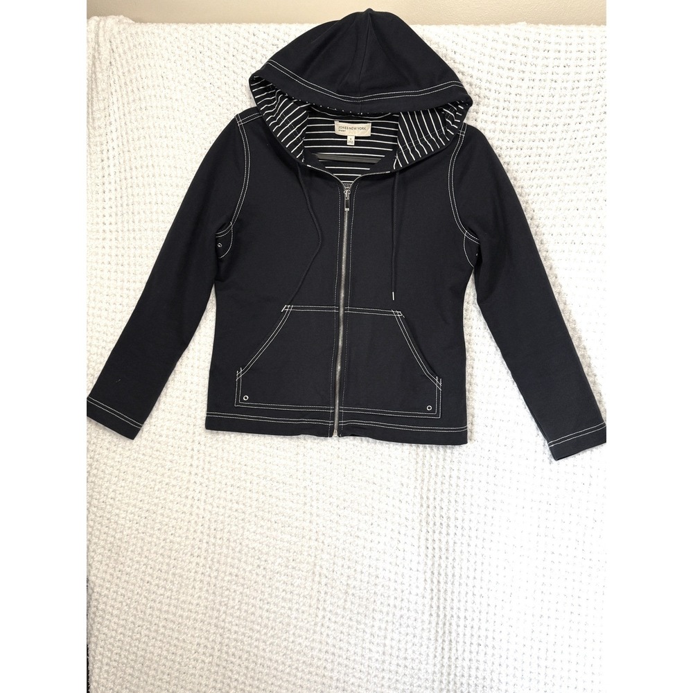 JONES NEW YORK SPORT Navy White Stripe Contrast Stitch Zip Hoodie Jacket Size S